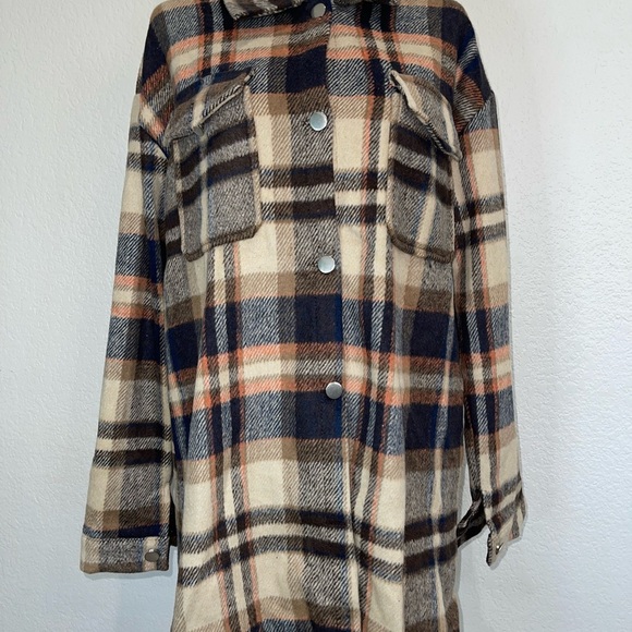 Women Autumn Winter Vintage Long Sleeve Loose Plaid Imitated Woolen Coat Shacket - Picture 2 of 8